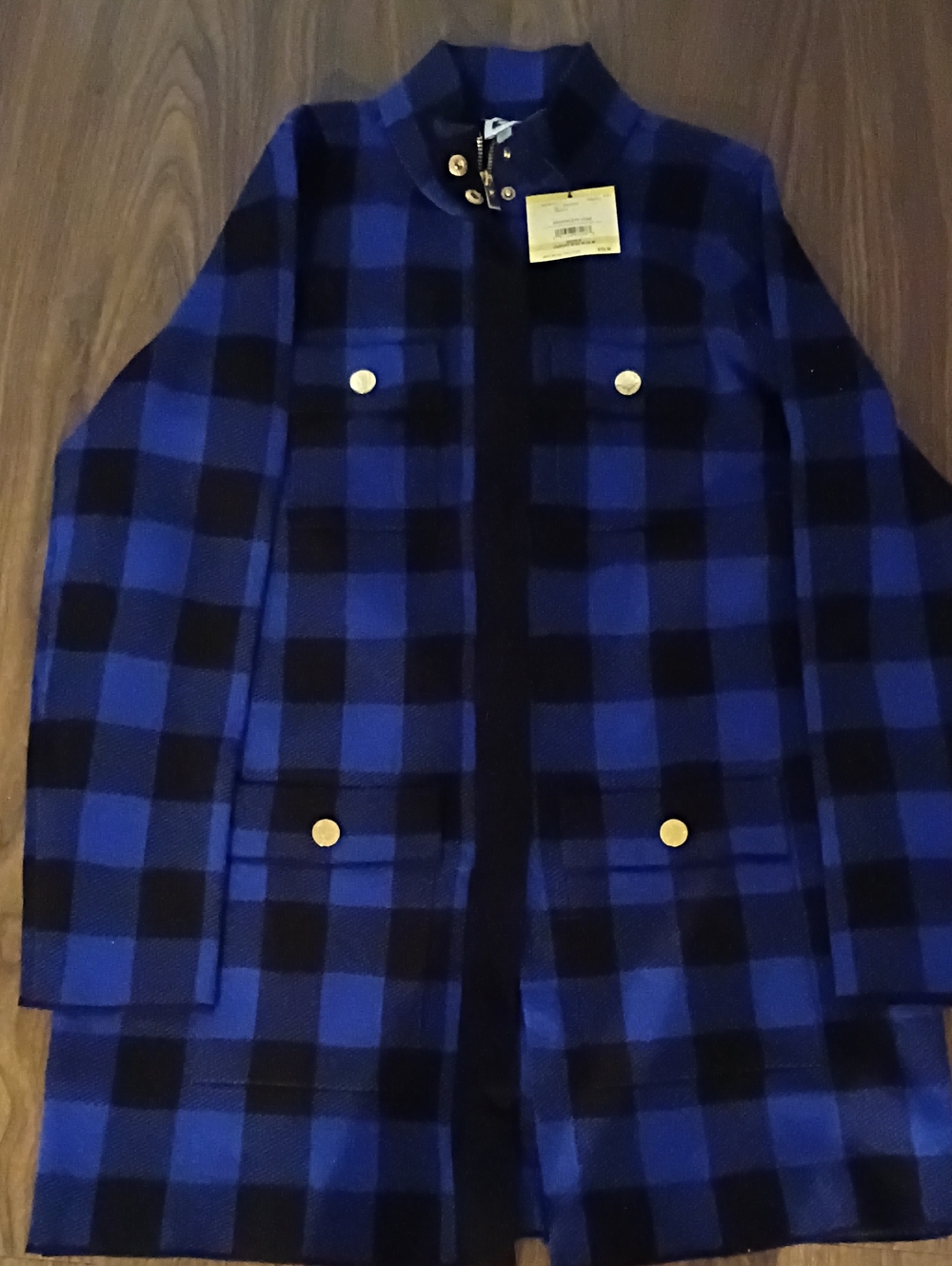 Anne Klein Blue and Black Plaid Sweater Coat with Gold Buttons
